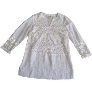 Chico's Linen Top Womens 0 Small White Lace‎ Overlay 3/4 Sleeve Romantic